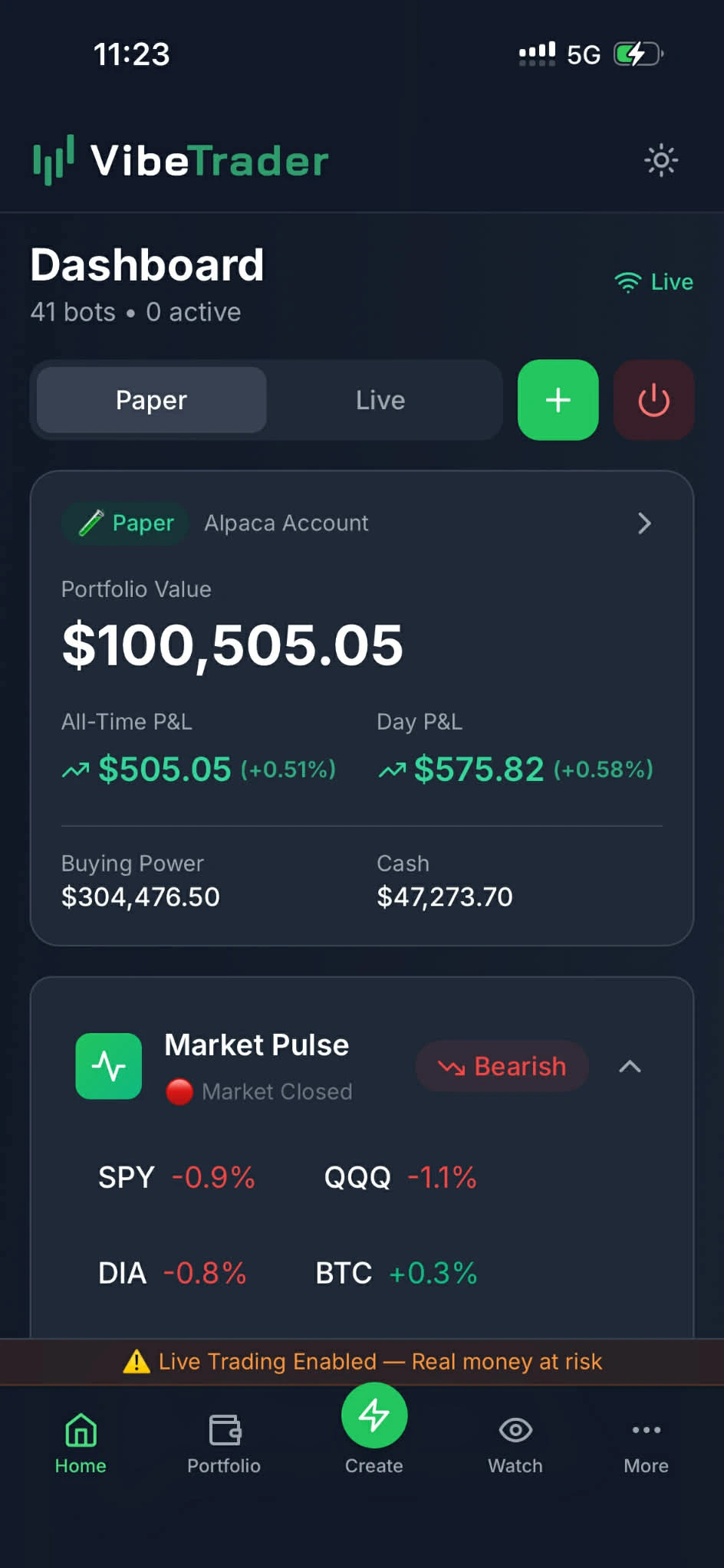 VibeTrader mobile dashboard