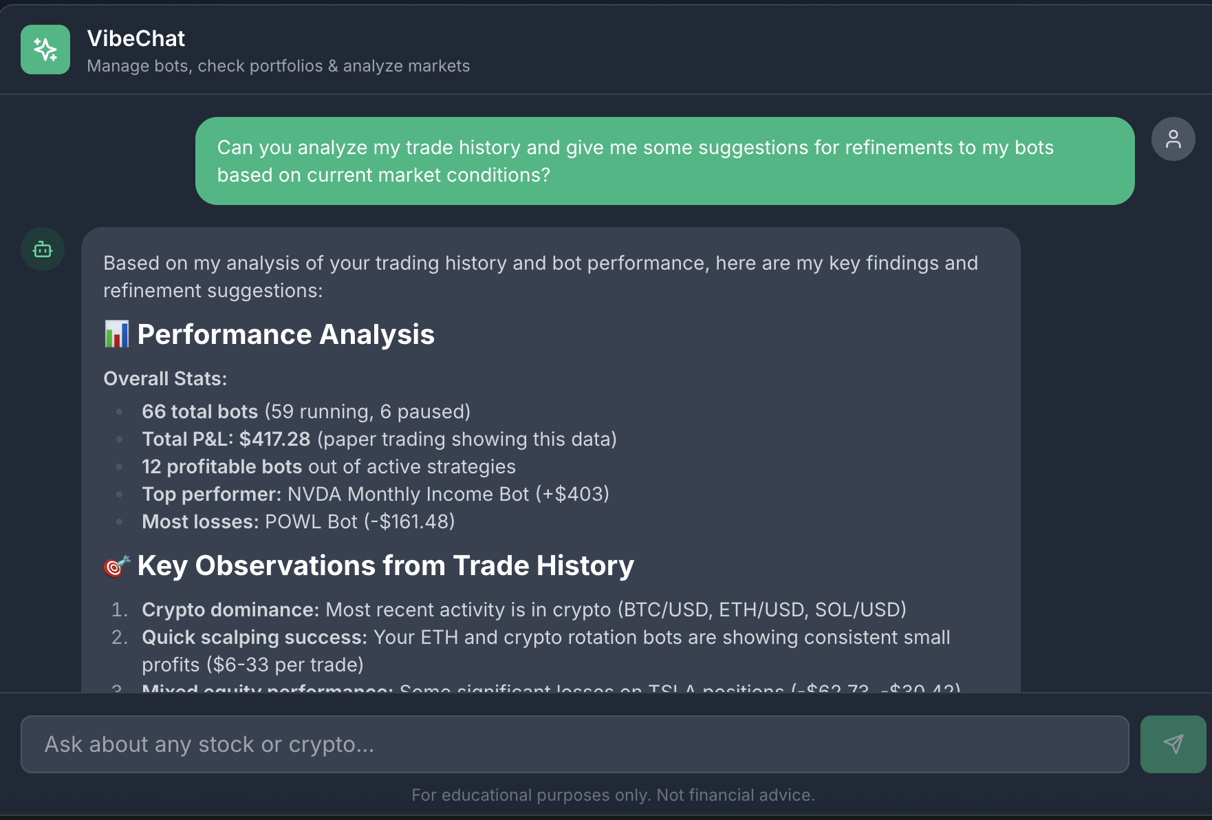 VibeChat analyzing trade history and performance