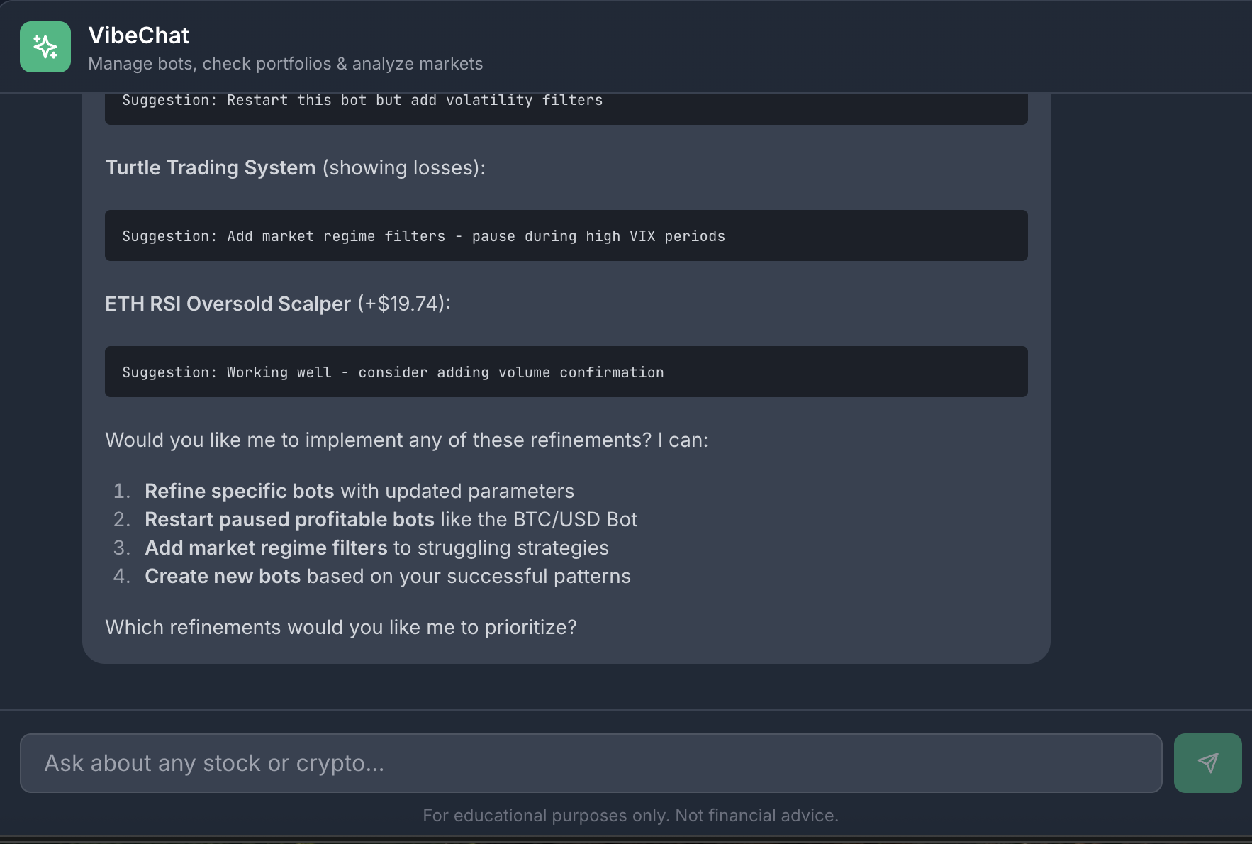 VibeChat providing actionable refinement suggestions